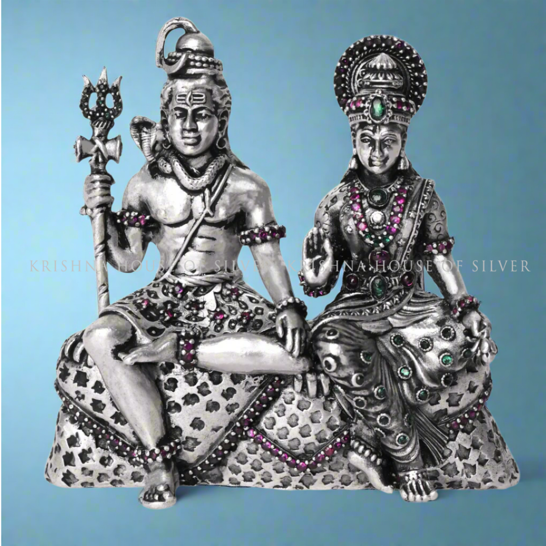 92.5 Silver Divine Couple Shiva Parvati Idol with Stonework