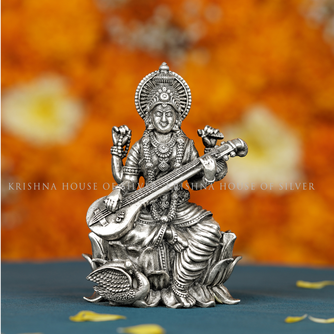 Goddess Saraswati Idol in Silver - Krishna House Of Silver