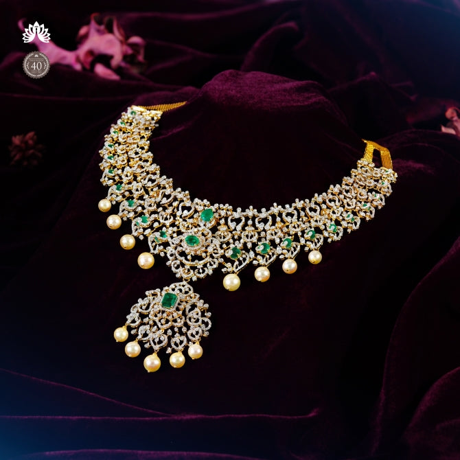 Floral Diamond Necklace With Pearls