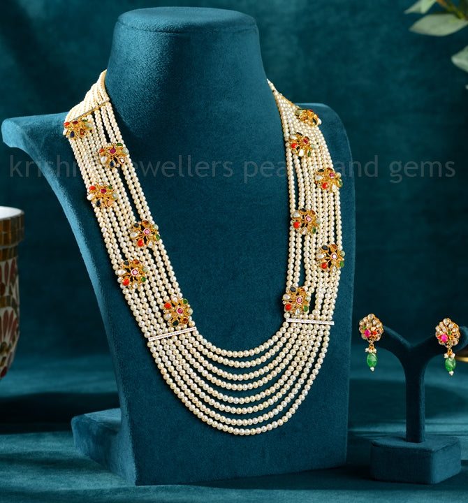 Rani Pearl Haar Set In Navaratana Motif