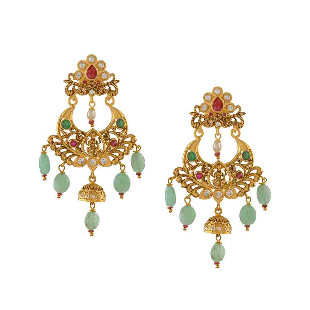 22K Gold Chandbali Earrings in Emerald Beads