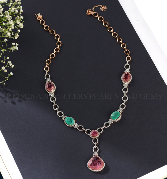 Exquisite 18K Diamond Necklace Adorned with Rubies and Emeralds
