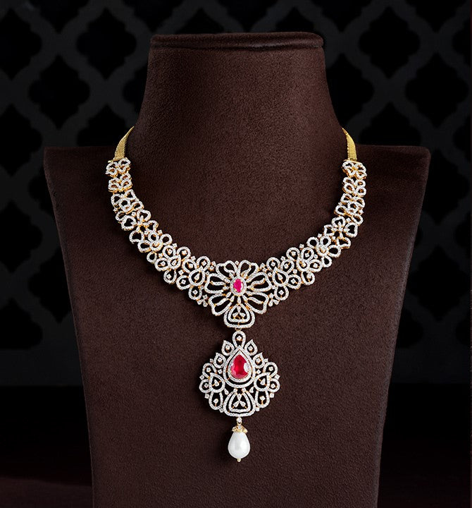 Floral Diamond Necklace With Pinkstone