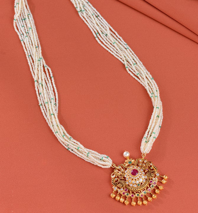 Goddess Lakshmi Gold Pendant with Pearl Chain