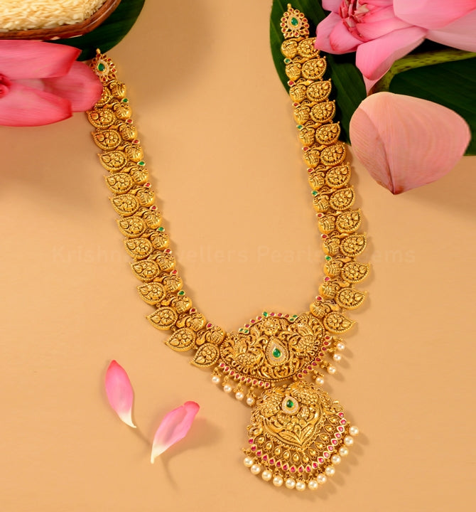 Tradition Reimagined: 22K Bridal Mango Haaram with Rubies, Emeralds and Pearls