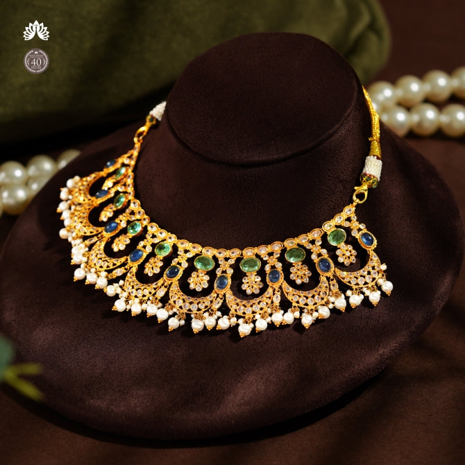 Gold Pearl Short Necklace in Chandbali Motif