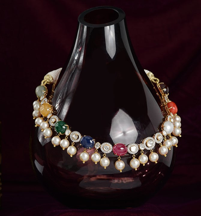 Gold Pearl Choker Necklace With Navaratna Stones