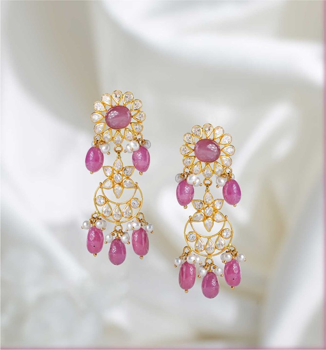 Floral Ruby Gold Pearl Earrings