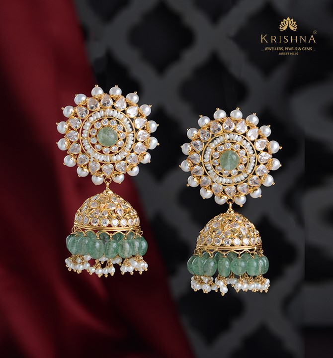 Flowery Gold Pearl Jhumka Earrings