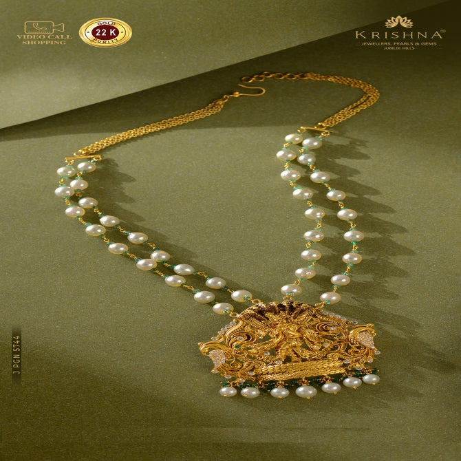 Gold Pearl Necklace with Krishna Pendant