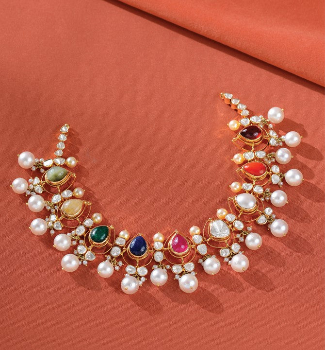 Gold Pearl Necklace in Navratna Motif