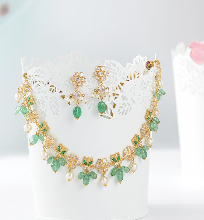 Gold Pearl Necklace Sets in Floral Motif