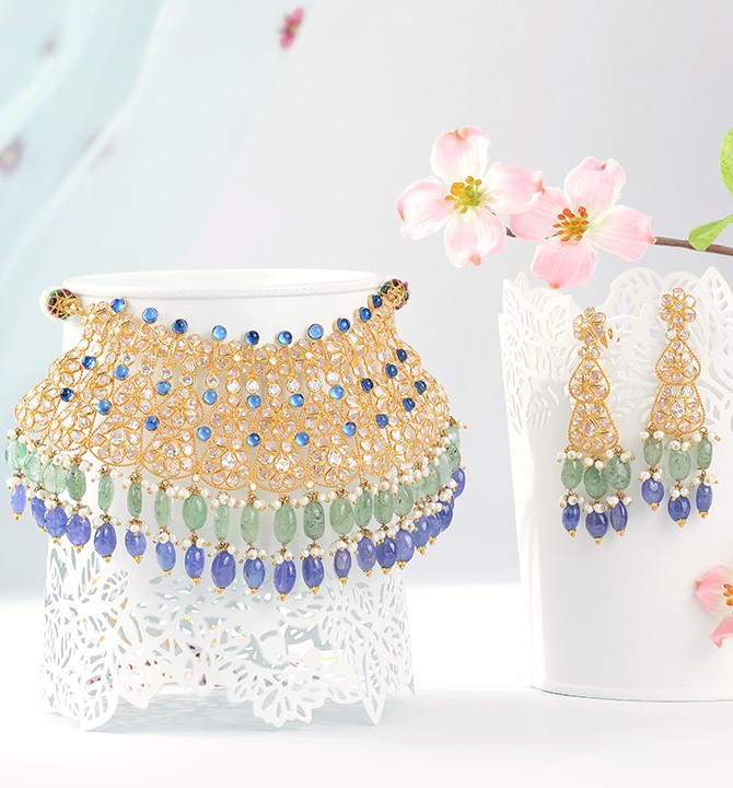 Gold Pearl Choker Necklace Sets with Blue Green Beads