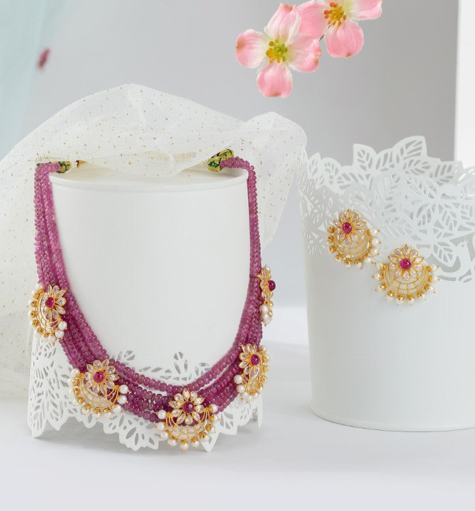 Gold Pearl Necklace Sets With Pink Beads