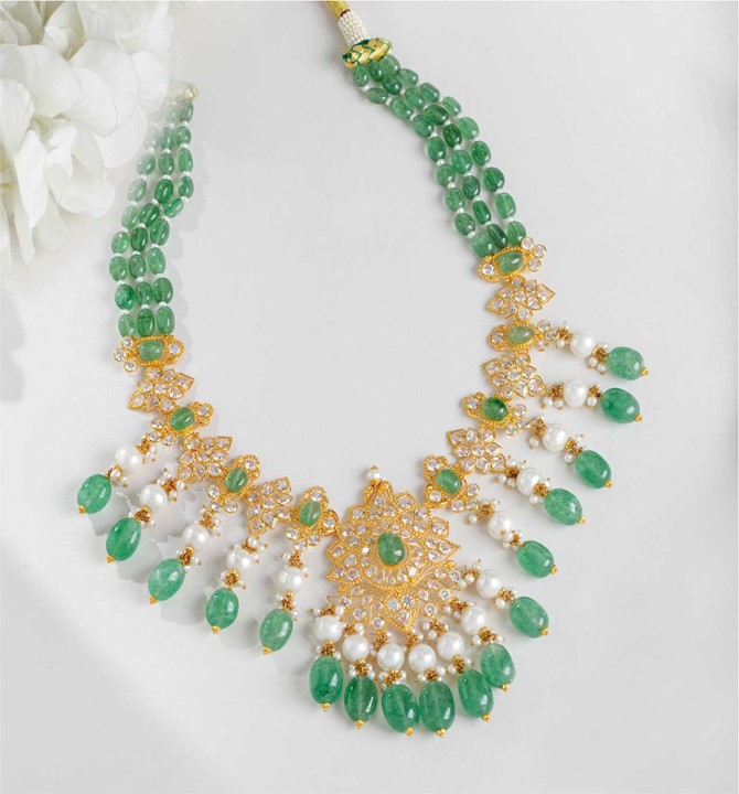 Gold Pearl Necklace with dangling Greenstone