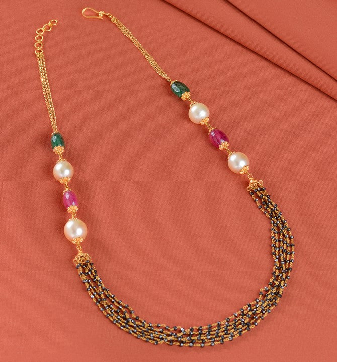 Gold Pearl Necklace with Ruby and Black Beeds