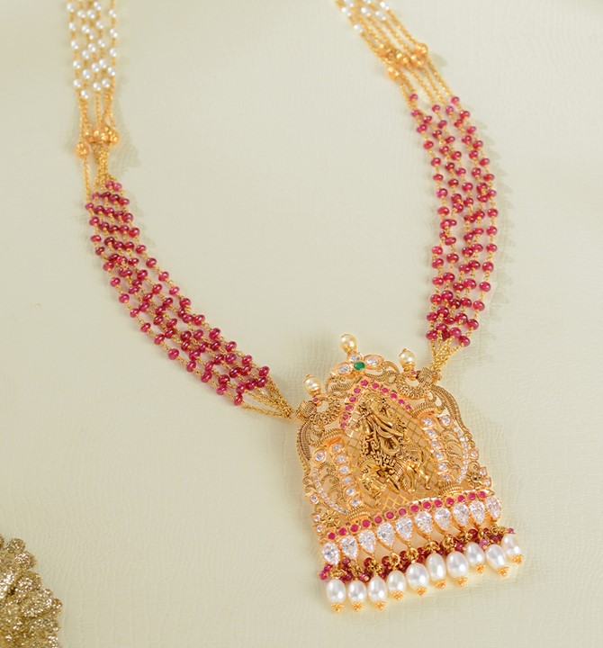 Multiline Gold Ruby Beads Necklace with Ganesh Pendant