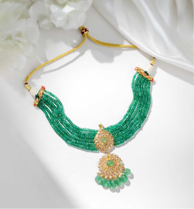 Green Beads Gold Pearl Necklace