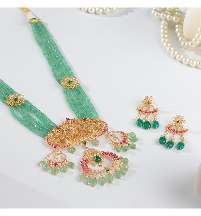 Green Beads haram with Laxmi gold pendant