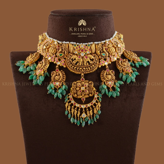 Elephant & Peacock Motif Gold Neckpiece