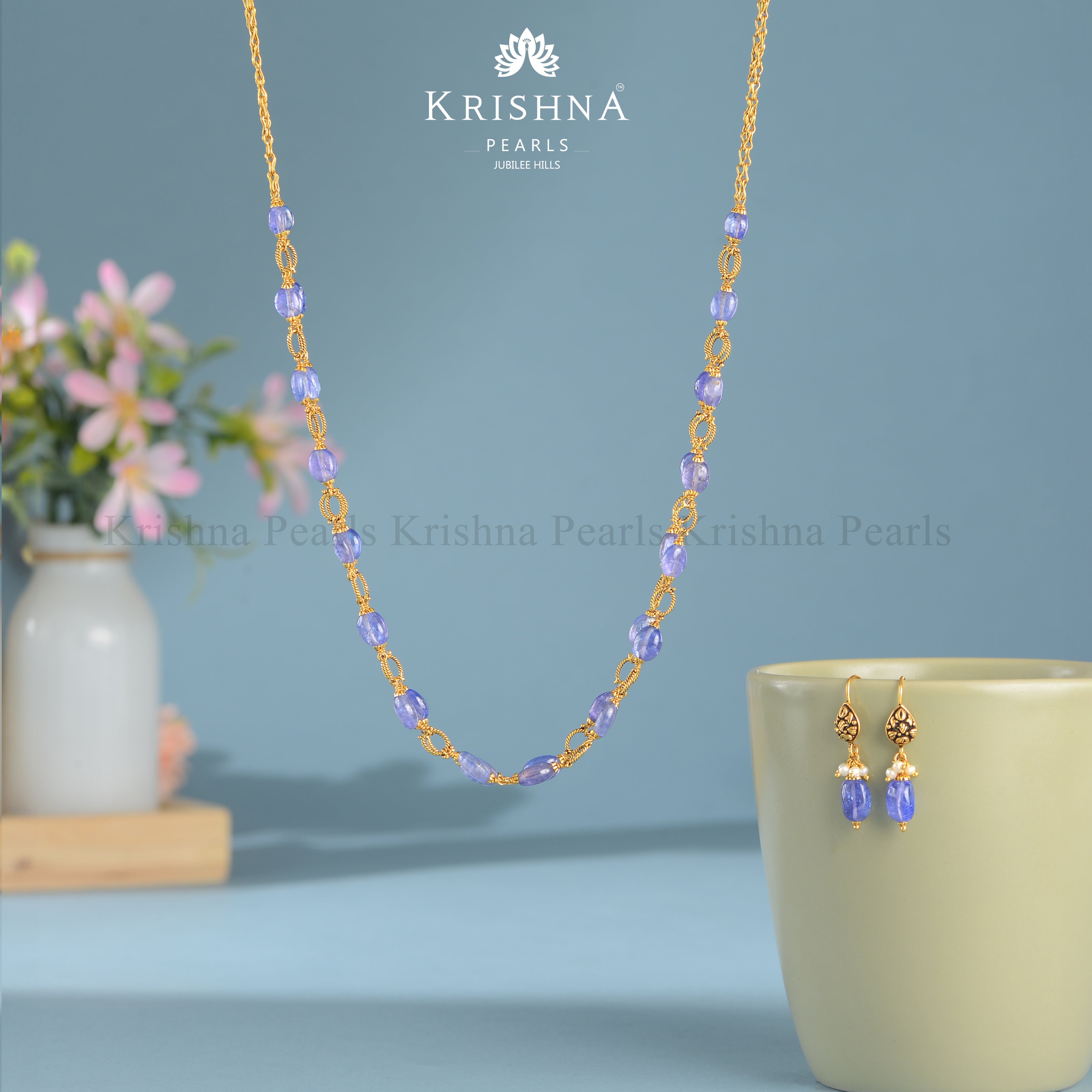 Gold 22k Tanzanite Stones Chain and Earrings Set - Krishna Jewellers Pearls and Gems