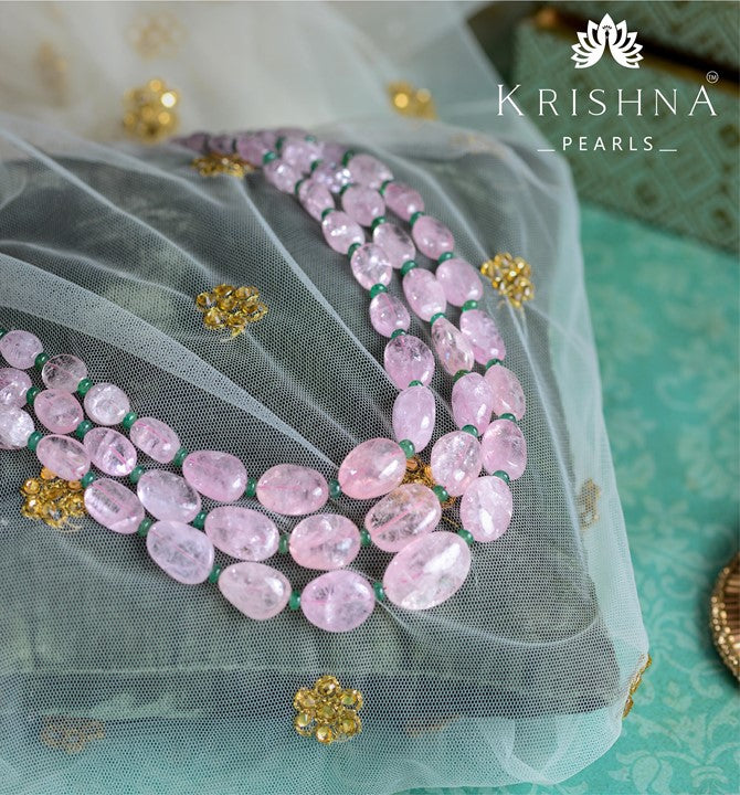 Morganite Beads Necklace with Emeralds