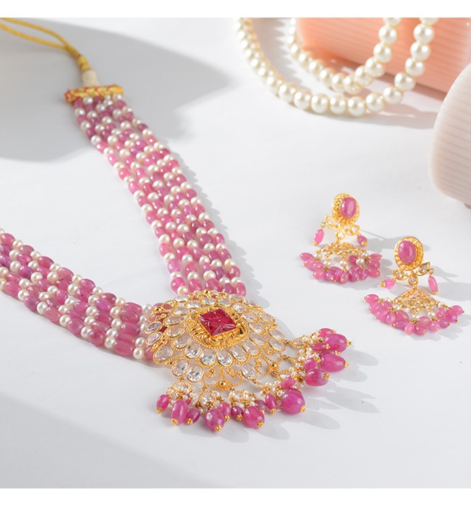 Multiline Gold Pearl Necklace Sets in Pink Motif