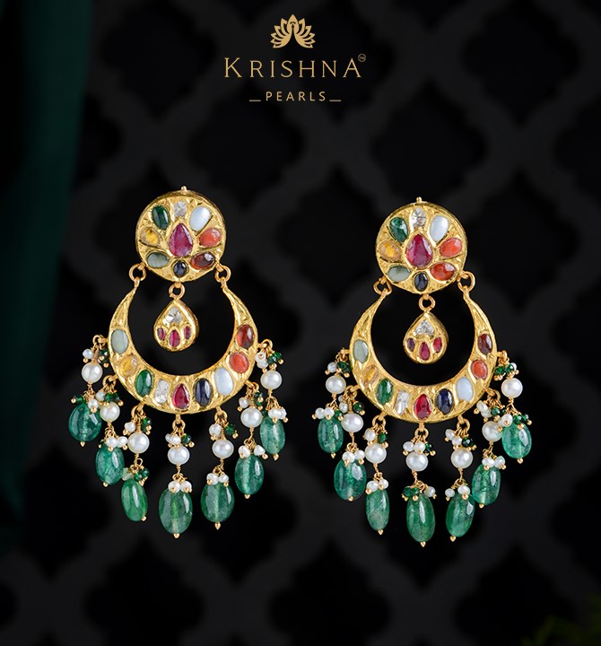 Navaratna Stones Chandbali Earrings