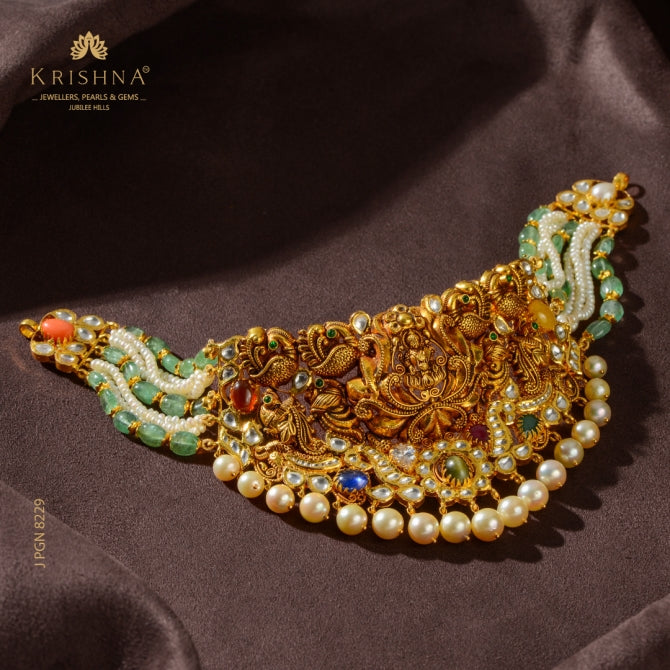 Pearls & Emerlad Gold Temple Necklace