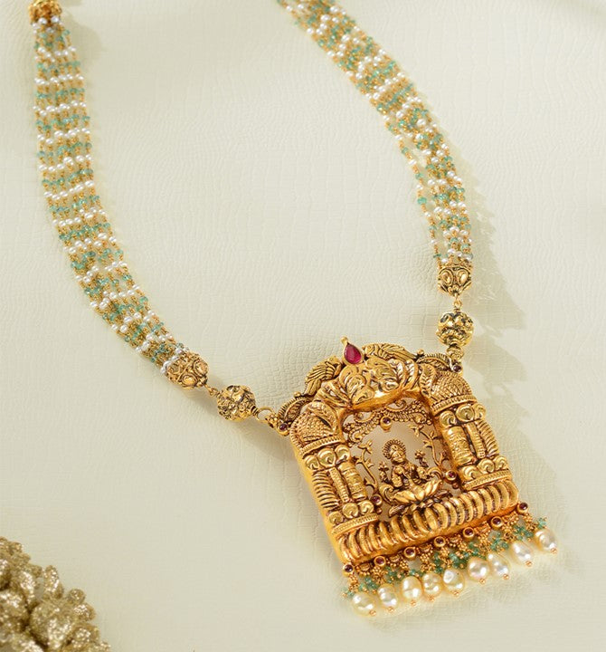 Pearl and Emerald Long Necklace in Laxmi Pendant