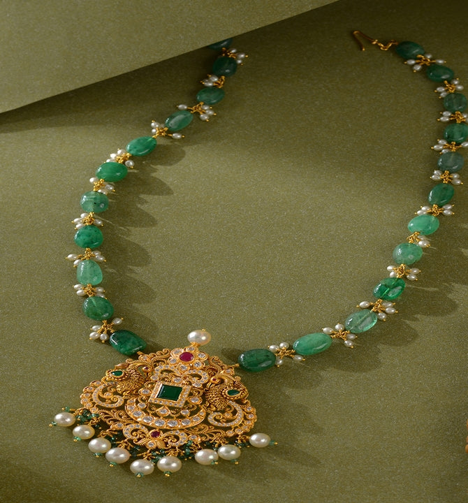 Pearls and Russian Emerald Beads Necklace