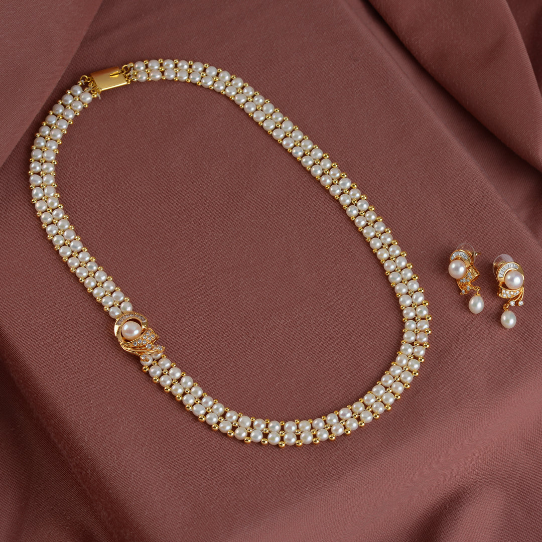 Stylish Button Pearl Necklace Set with Side Brooch. - Krishna Jewellers Pearls and Gems