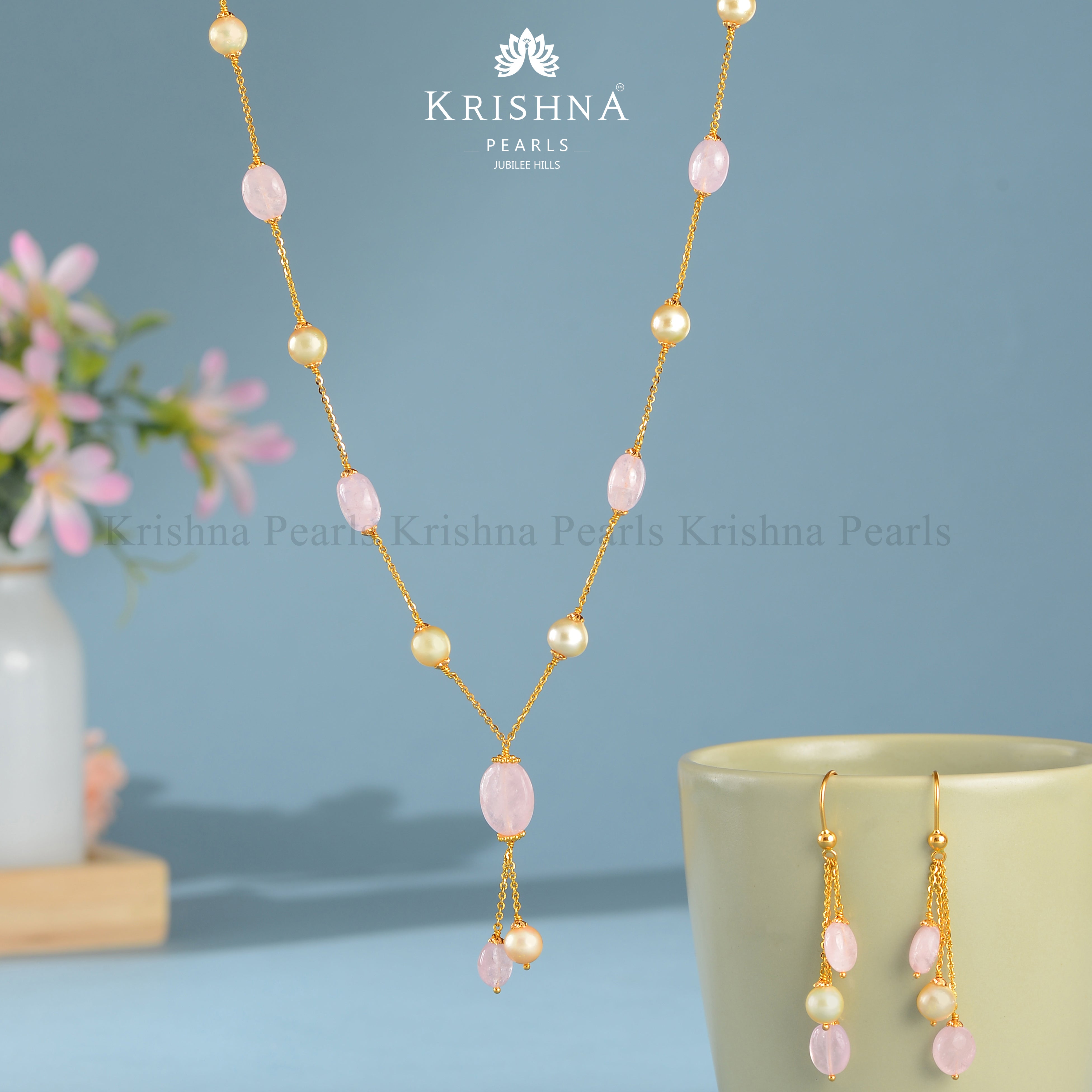 22k Gold Chain with Morganite Beads and Matching Earrings - Krishna Jewellers Pearls and Gems