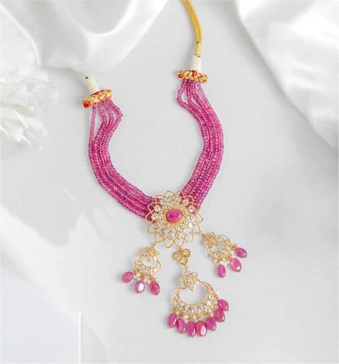 Pink Color Beads Gold Necklace