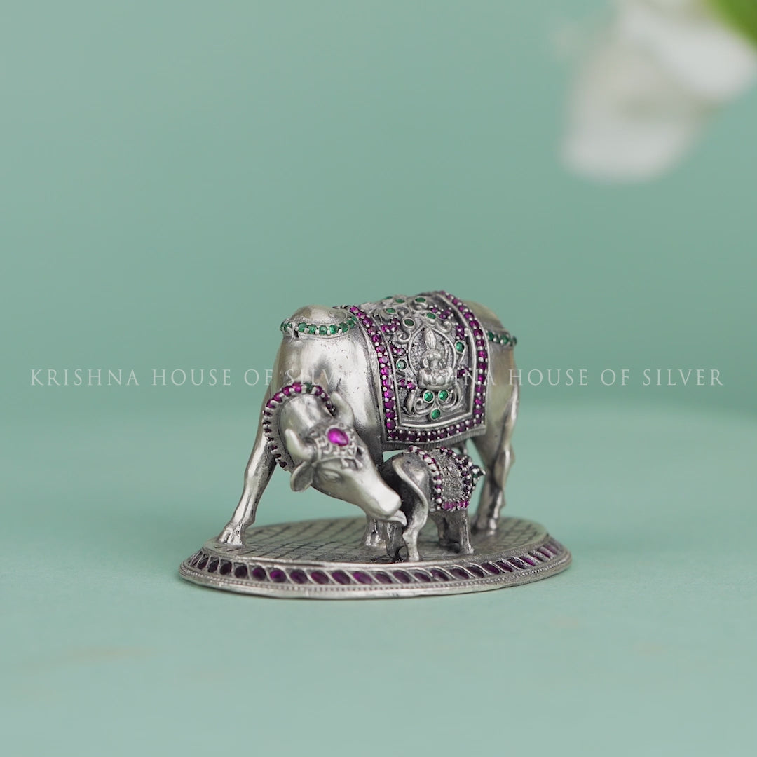 Buy Silver Cow and Calf in Antique Finish Online | krishna jewellers