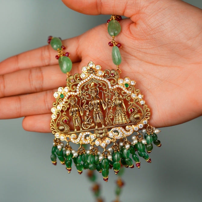 Emerald and Ruby Beads Gold Necklace With Ram Parivar Pendant