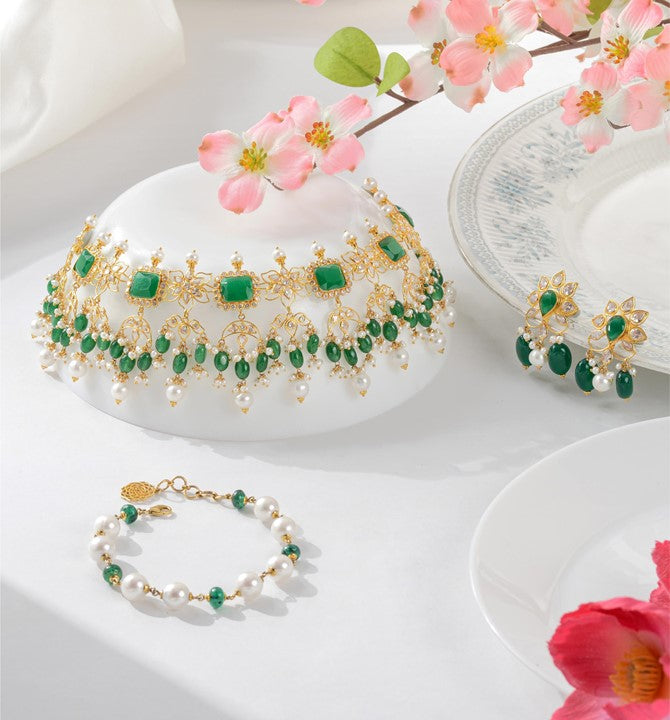 Regal Gold Pearl Choker Set in Floral Motif