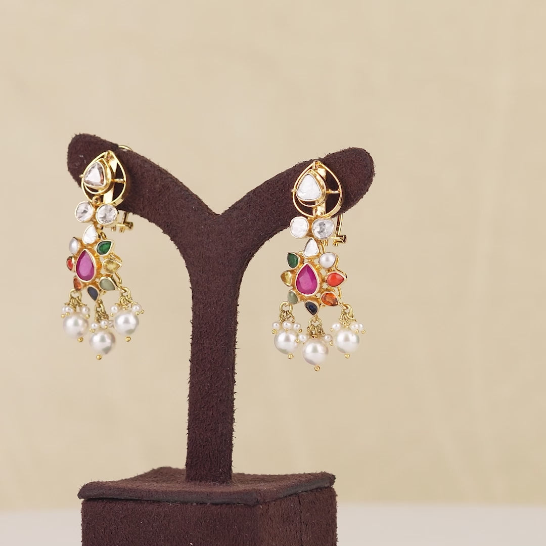 14K Gold Polki Navarthna Stones Earrings