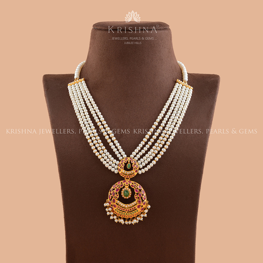 Rubans Gold Plated Heavy Pendant Beige Pearl Necklace Set