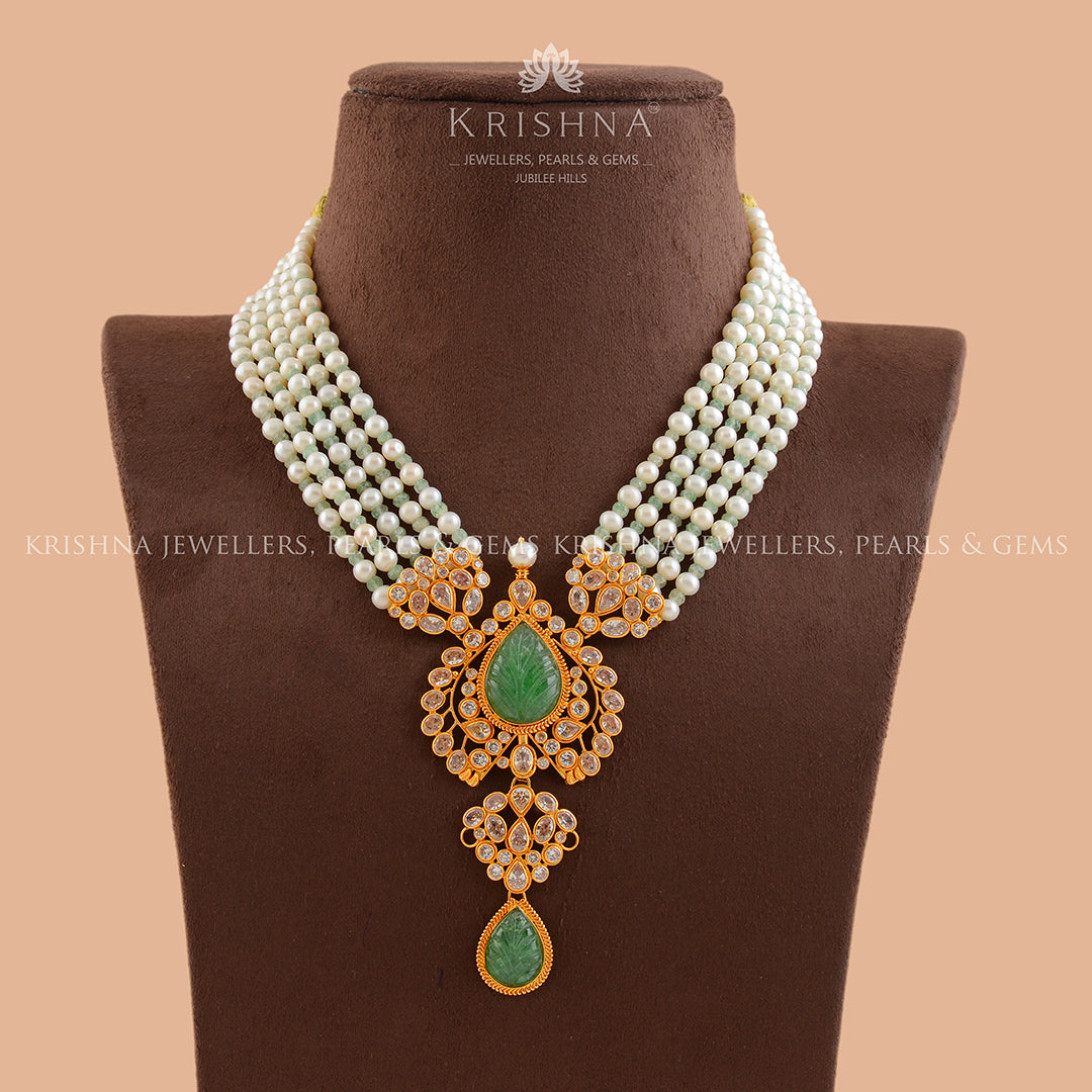 Gold Pearl Rani Haar Necklace With Leaf Pendant
