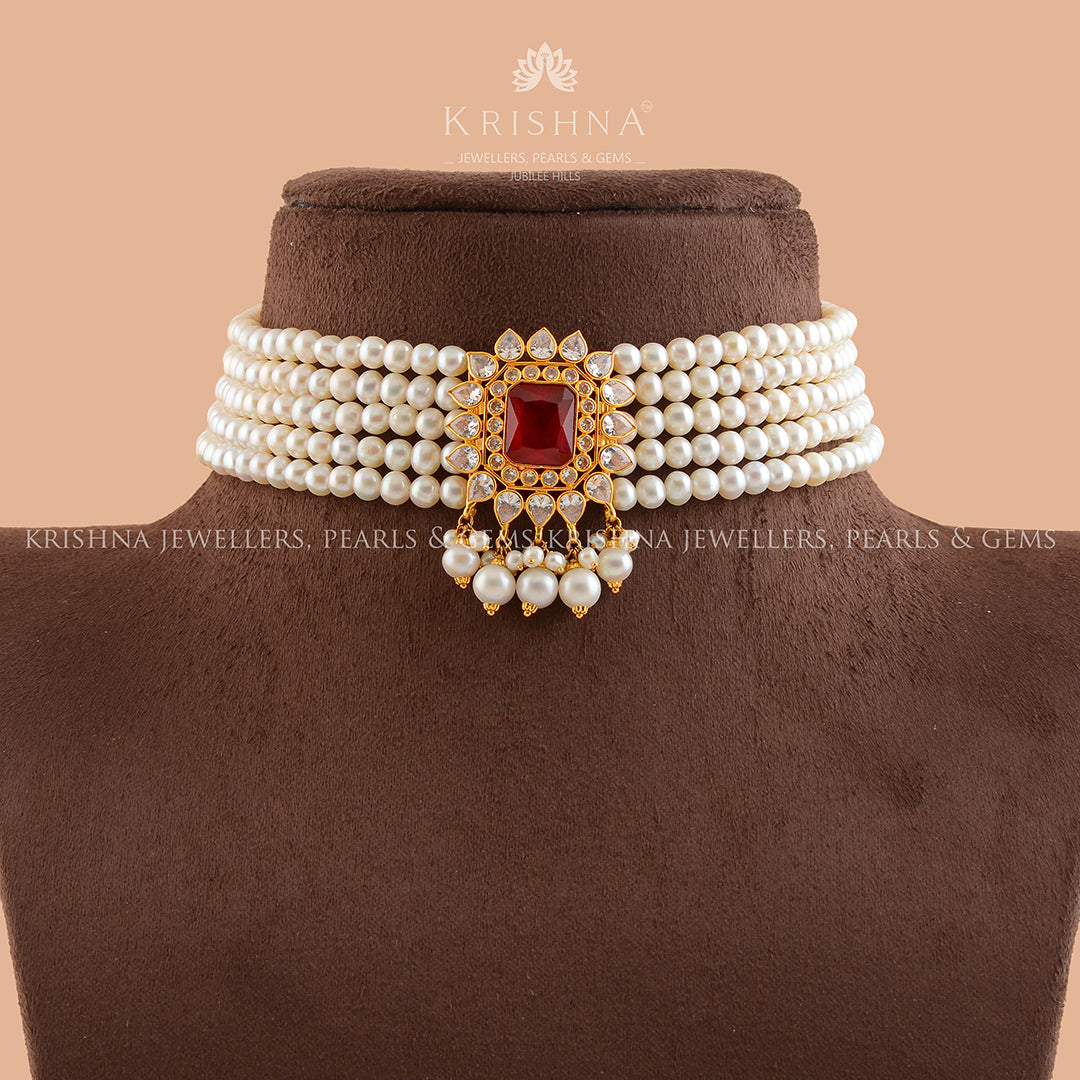Gold Pearl With Ruby Choker Necklace