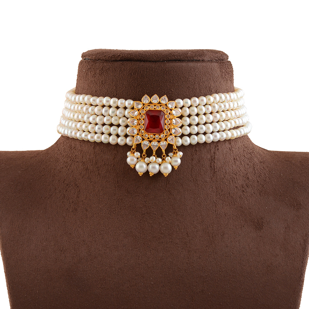 Gold Pearl With Ruby Choker Necklace