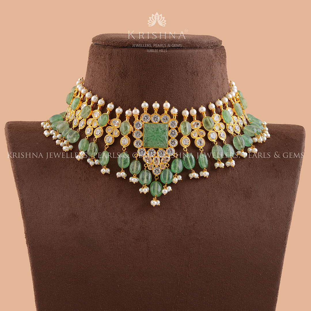 Gold Pearl Short Necklace With Beads And Cz