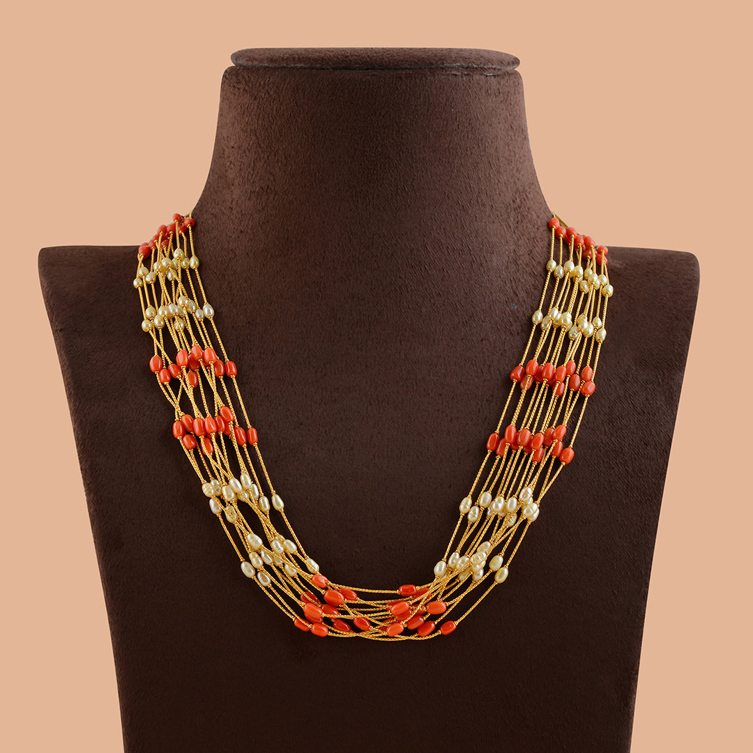Multiline Gold Pearl Necklace With Coral