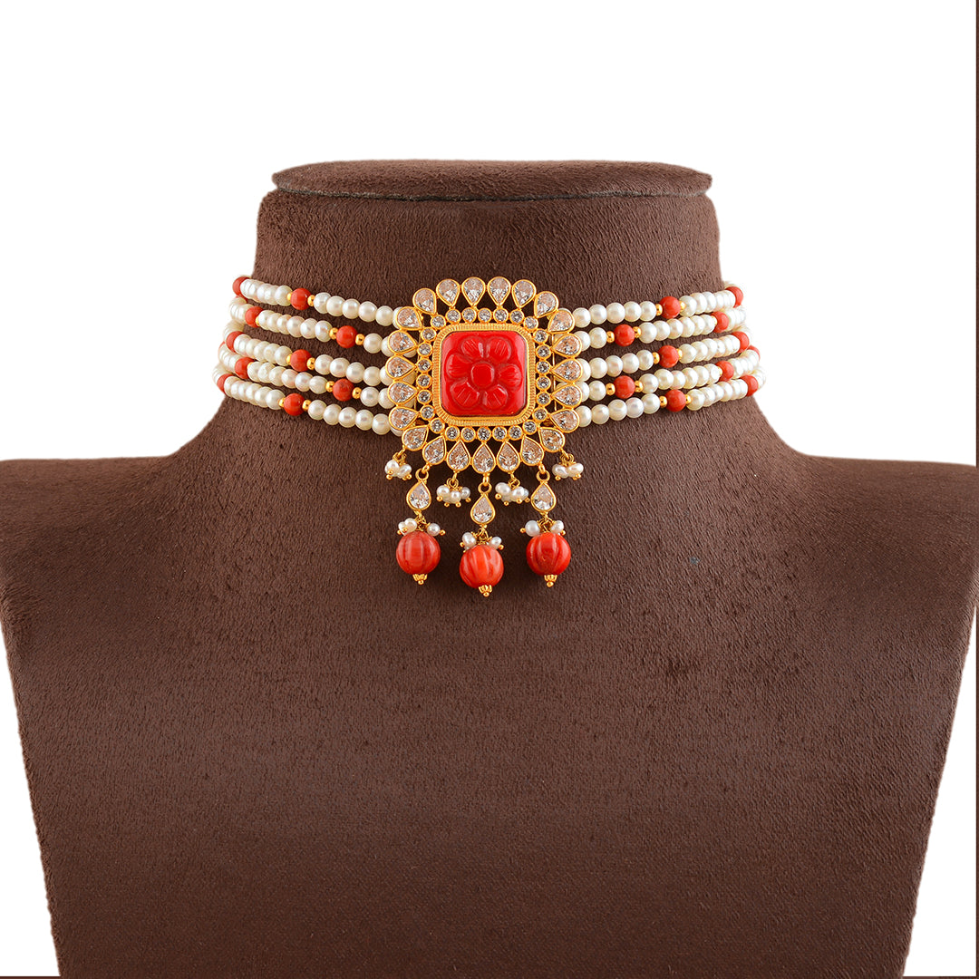 Gold Pearl Coral Choker Necklace