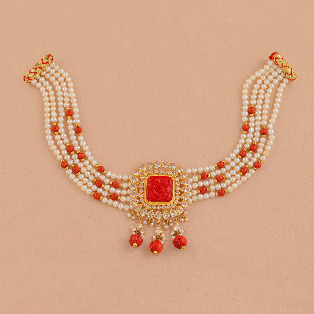 Gold Pearl Coral Choker Necklace