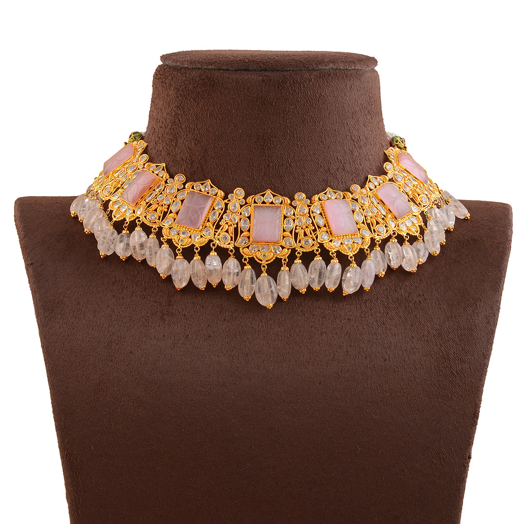 Charming Gold Pearl Necklace With Pink Beads