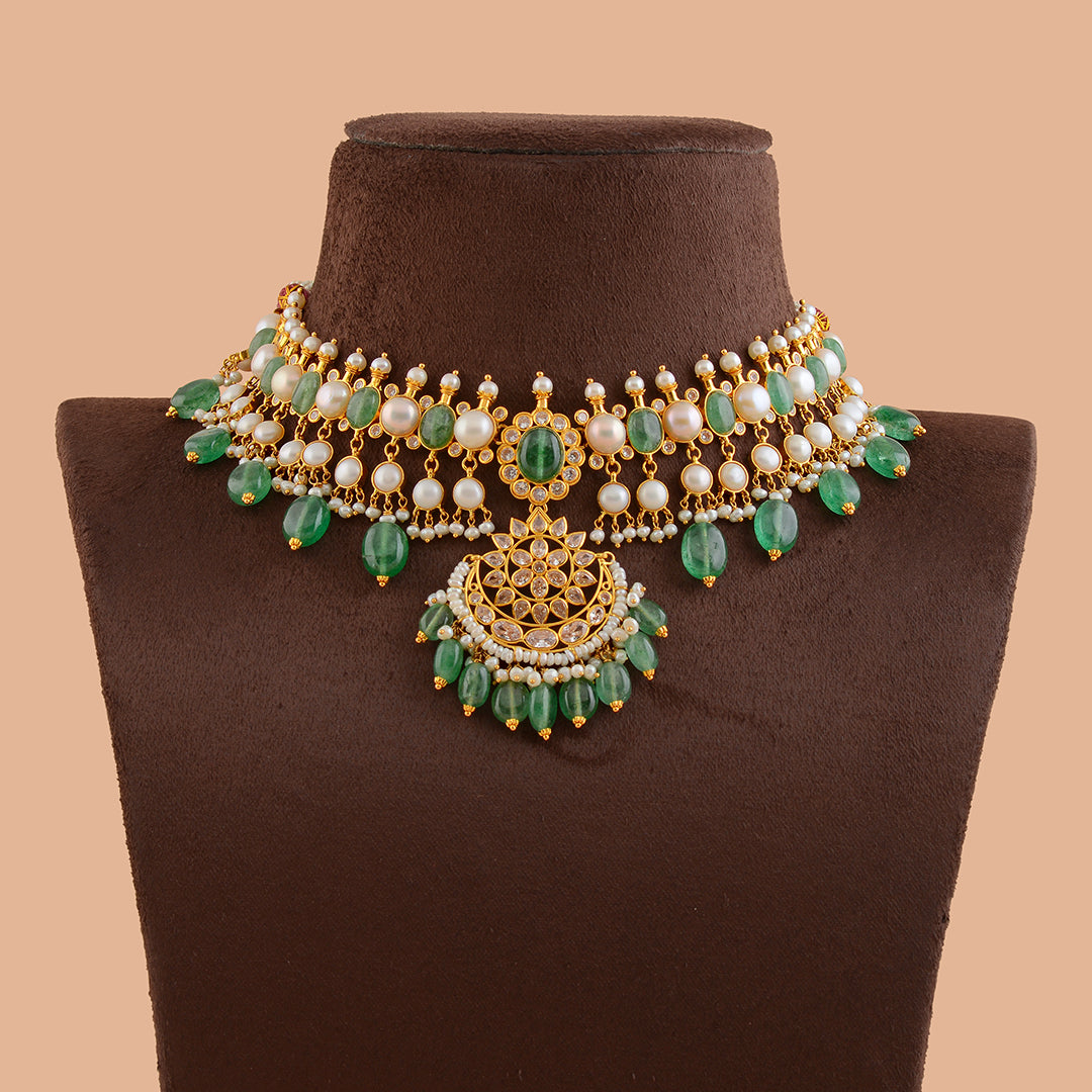 Greeny Gold Pearl Short Necklace