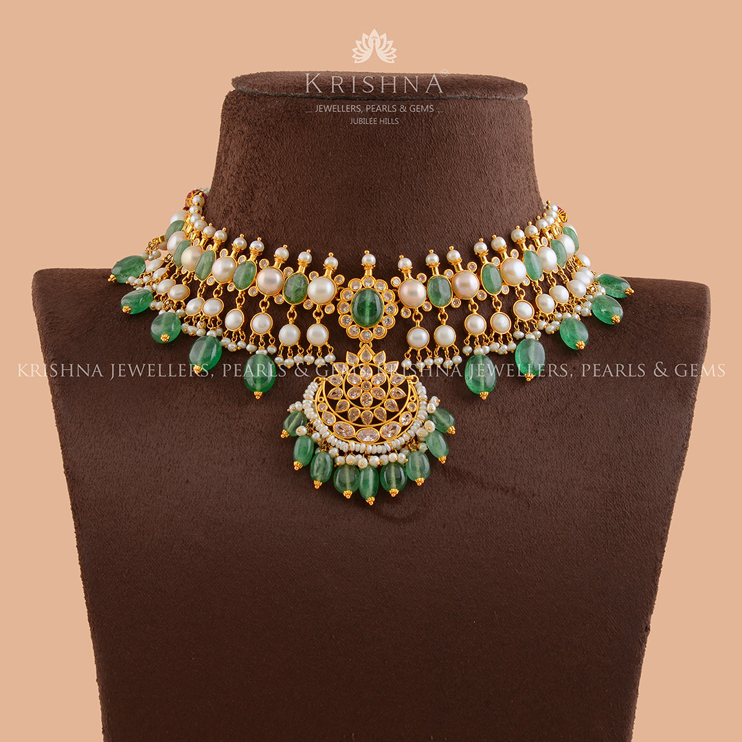 Greeny Gold Pearl Short Necklace