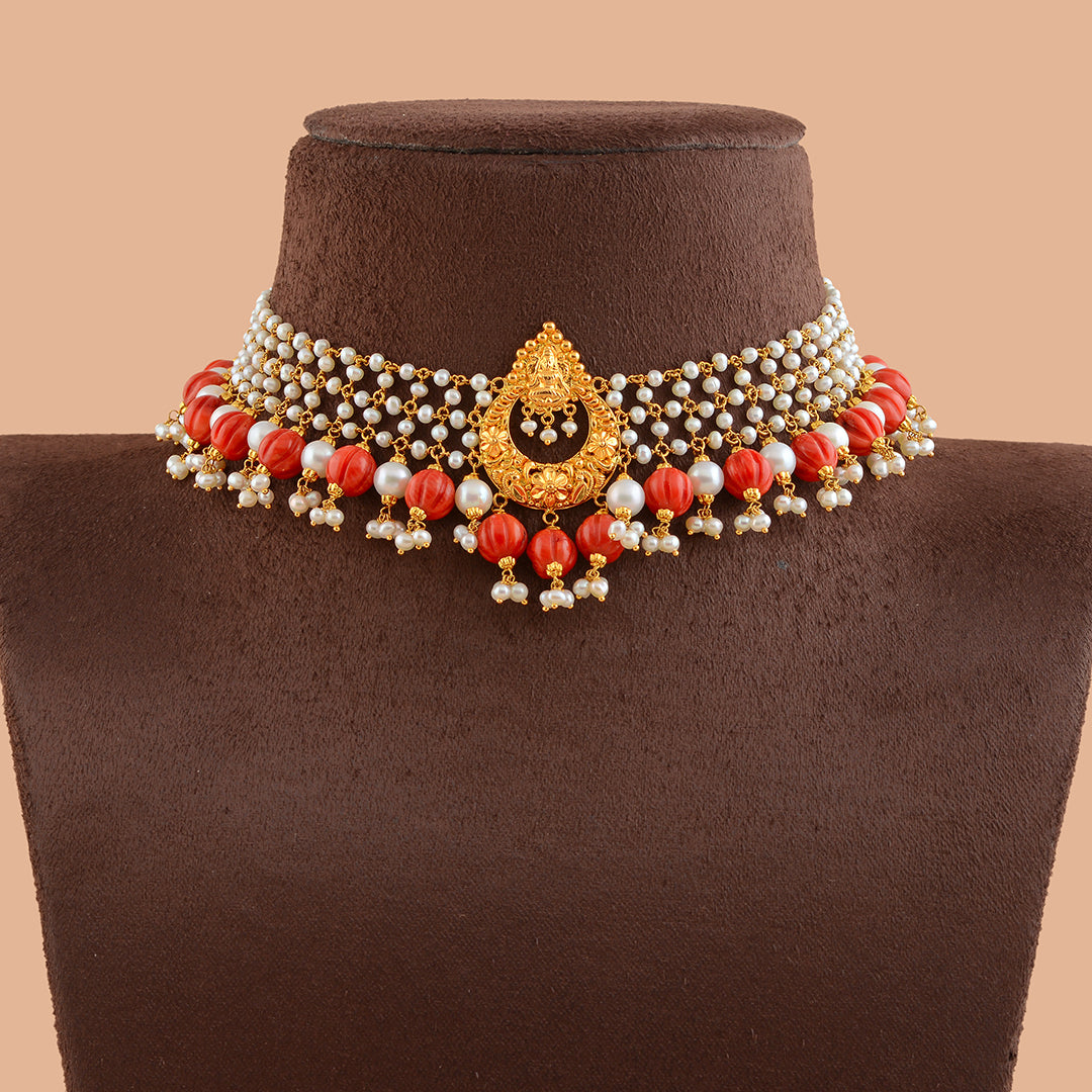 Gold  Pearl and Coral Short Necklace
